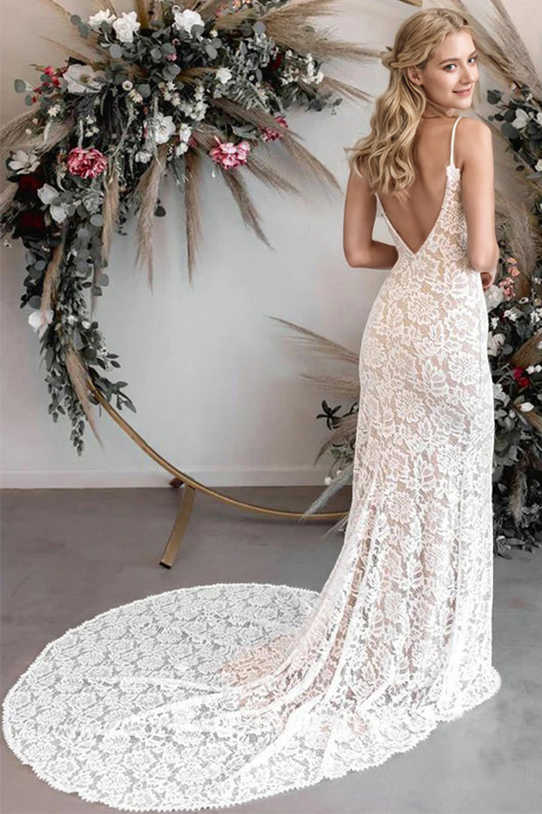 Mermaid V-Neck Spaghetti Straps Lace Boho Wedding Dress WD787-Pgmdress
