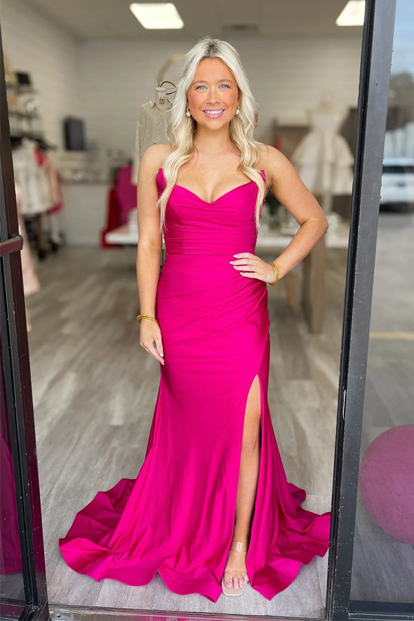 Mermaid V-neck Fuchsia Prom Dress Evening Dress With Slit PSK716-Pgmdress