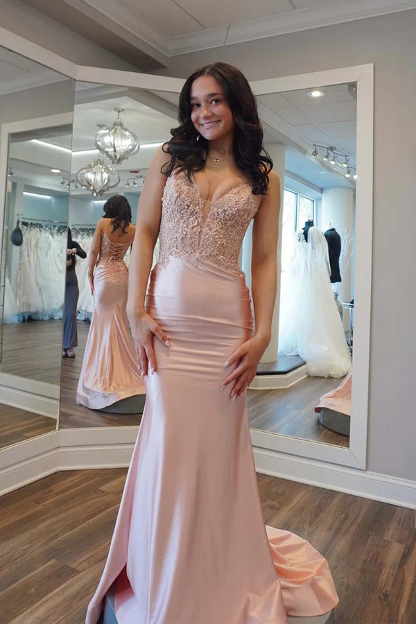 Mermaid V-neck Light Pink Satin Appliques Long Prom Dress PSK685-Pgmdress