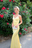 Mermaid V-neck Open Back Yellow Long Prom Dress Party Dress-Pgmdress