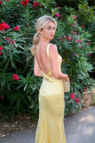 Mermaid V-neck Open Back Yellow Long Prom Dress Party Dress-Pgmdress