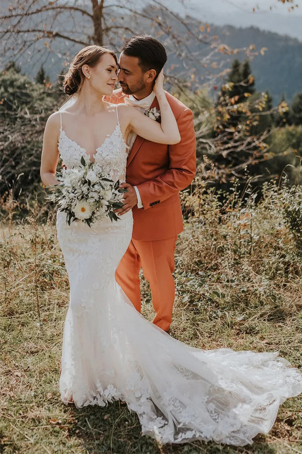 Mermaid V Neck Bohemian Wedding Dress with Lace Appliques WD782-Pgmdress