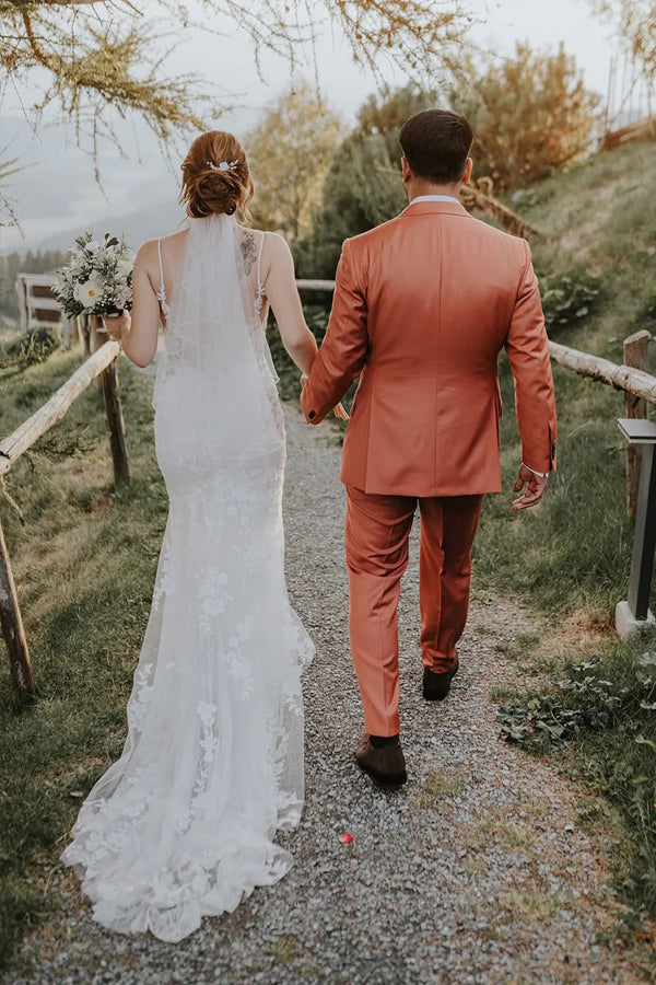 Mermaid V Neck Bohemian Wedding Dress with Lace Appliques WD782-Pgmdress