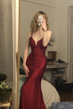 Mermaid V Neck Cross Back Burgundy Satin Long Prom Dress PSK535