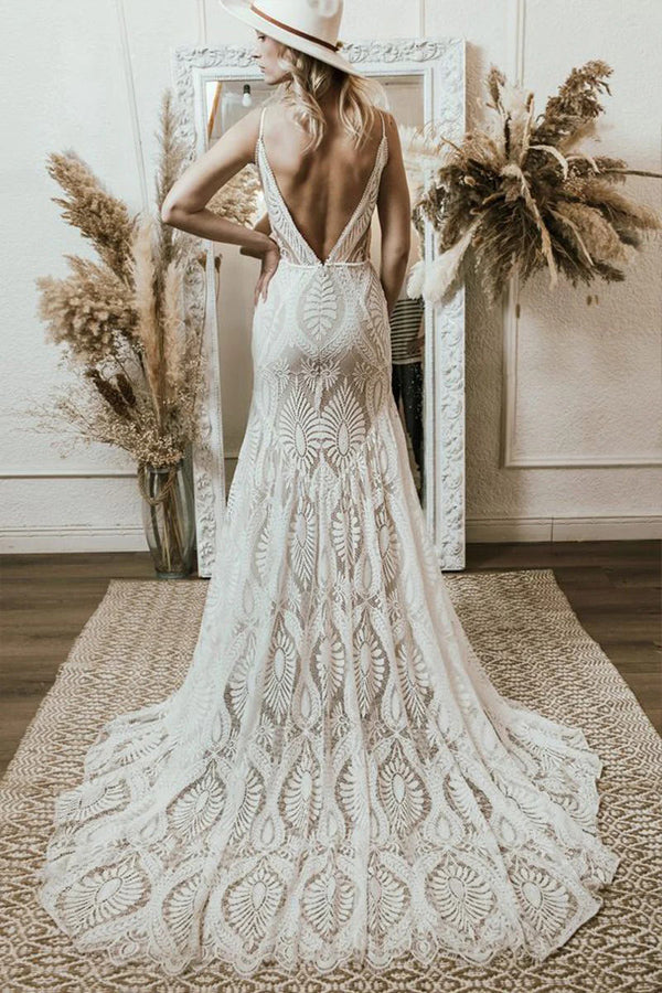 Mermaid V Neck Lace Bohemian Long Wedding Dress Bridal Gown WD761-Pgmdress