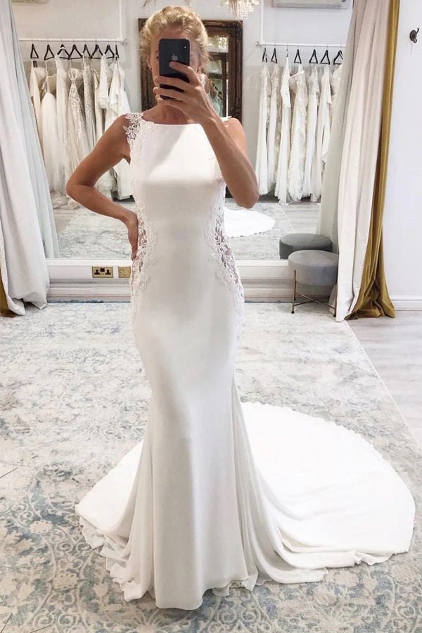 Mermaid White Long Boho Wedding Dress with Court Train WD772-Pgmdress