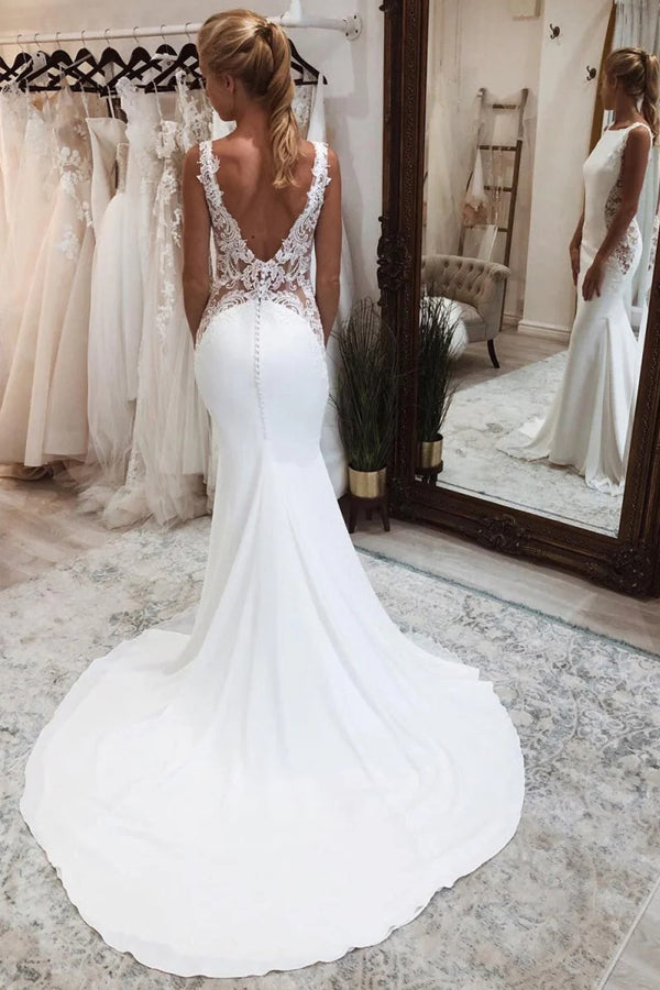 Mermaid White Long Boho Wedding Dress with Court Train WD772-Pgmdress