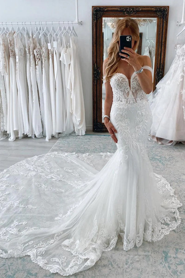 Mermaid White Long Wedding Dress with Lace Appliques WD770-Pgmdress