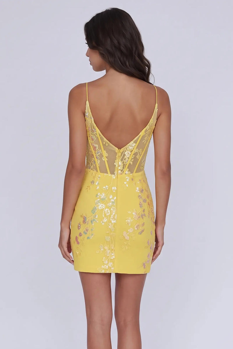 Mermaid Corset Tight Floral Yellow Homecoming Dress Party Dress-Pgmdress