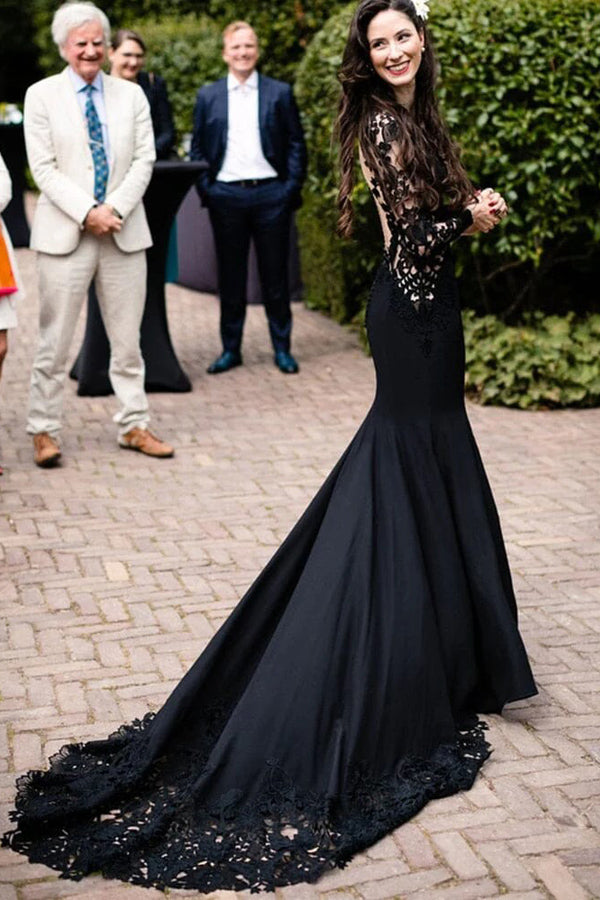 Mermaid Floral Black Wedding Dress Long Sleeve Wedding Gown WD742-Pgmdress