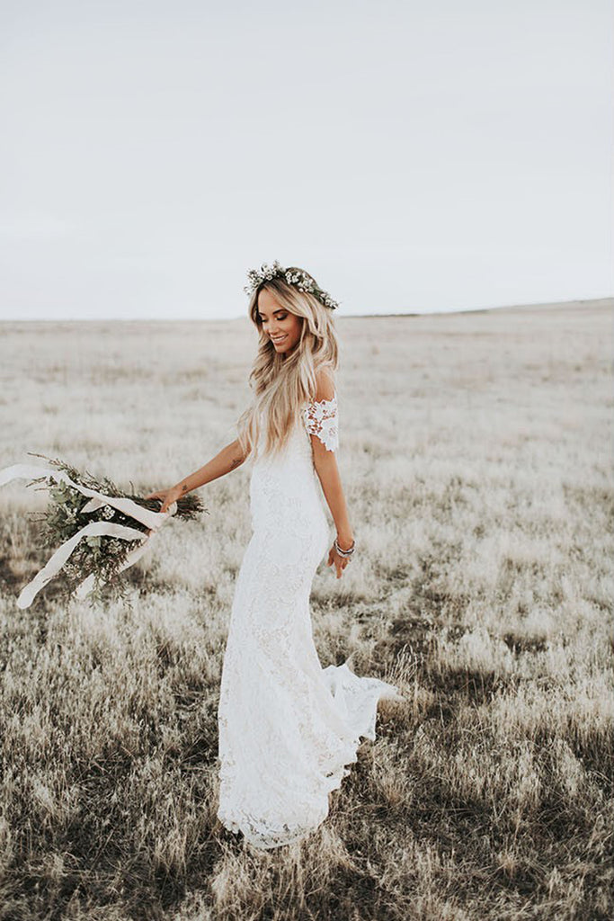 Mermaid Lace Boho Wedding Dress Ivory Beach Wedding Dress WD288-Pgmdress