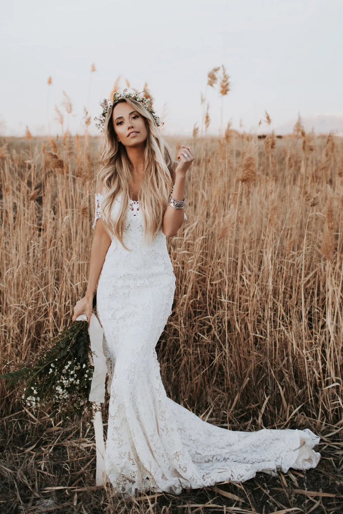 Mermaid Lace Boho Wedding Dress Ivory Beach Wedding Dress WD288-Pgmdress
