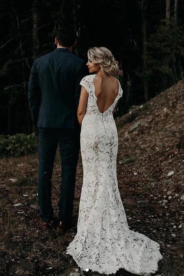 Mermaid Lace Ivory Cap Sleeves Boho Wedding Dress Bridal Gown WD783-Pgmdress