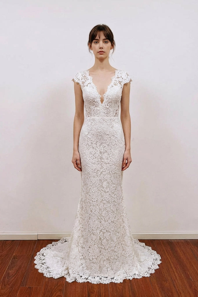 Mermaid Lace Ivory Cap Sleeves Boho Wedding Dress Bridal Gown WD783