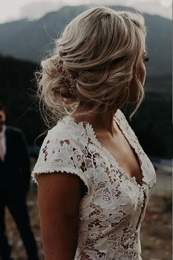 Mermaid Lace Ivory Cap Sleeves Boho Wedding Dress Bridal Gown WD783-Pgmdress
