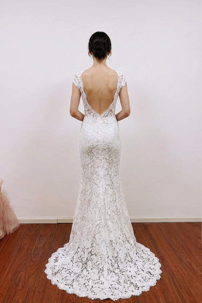 Mermaid Lace Ivory Cap Sleeves Boho Wedding Dress Bridal Gown WD783
