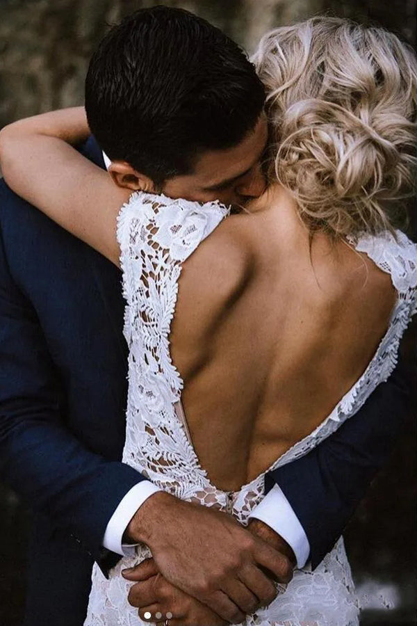 Mermaid Lace Ivory Cap Sleeves Boho Wedding Dress Bridal Gown WD783-Pgmdress