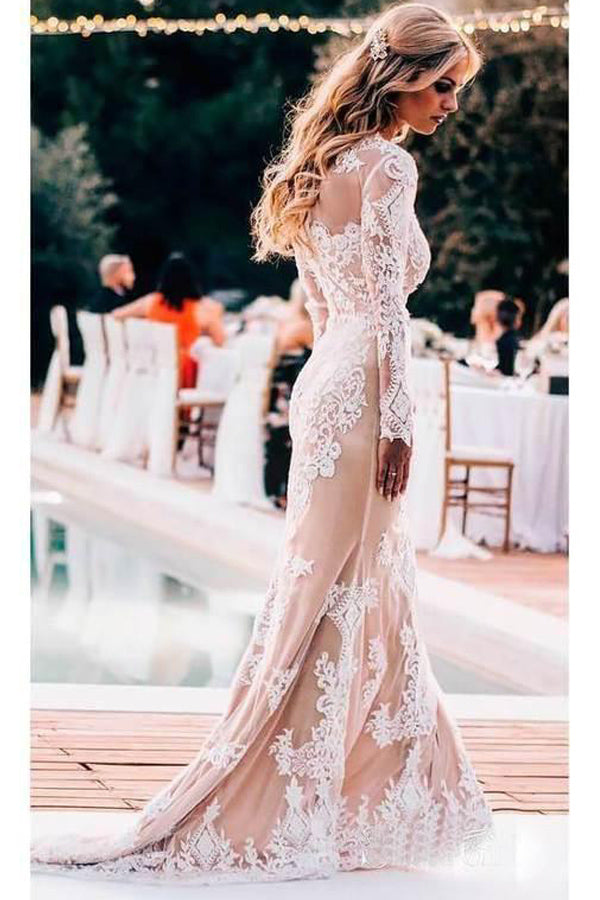 Mermaid Long Sleeve Lace Boho Wedding Dresses Rustic Bridal Gown WD504-Pgmdress