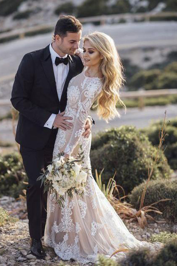 Mermaid Long Sleeve Lace Boho Wedding Dresses Rustic Bridal Gown WD504-Pgmdress