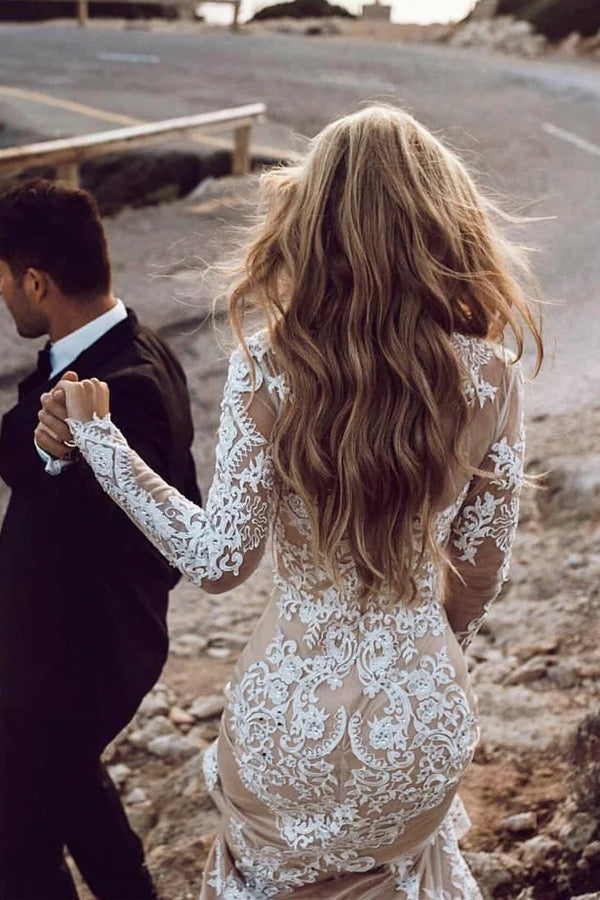Mermaid Long Sleeve Lace Boho Wedding Dresses Rustic Bridal Gown WD504-Pgmdress