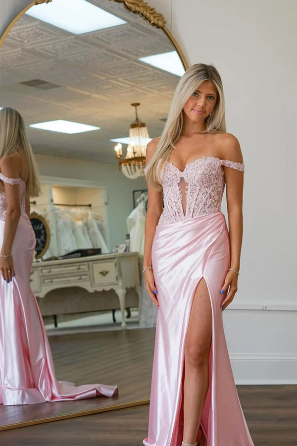 Mermaid Off Shoulder Pink Prom Dress With Appliques  PSK575-Pgmdress