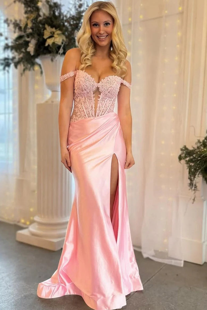 Mermaid Off Shoulder Pink Prom Dress With Appliques  PSK575-Pgmdress