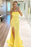 Mermaid Ruffles Strapless Yellow Long Prom Dress with Slit PSK704-Pgmdress