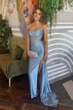 Mermaid Satin Strapless Sweetheart Blue Long Prom Dress With Slit-Pgmdress