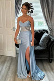 Mermaid Satin Strapless Sweetheart Blue Long Prom Dress With Slit-Pgmdress
