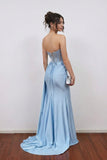Mermaid Satin Strapless Sweetheart Blue Long Prom Dress With Slit-Pgmdress
