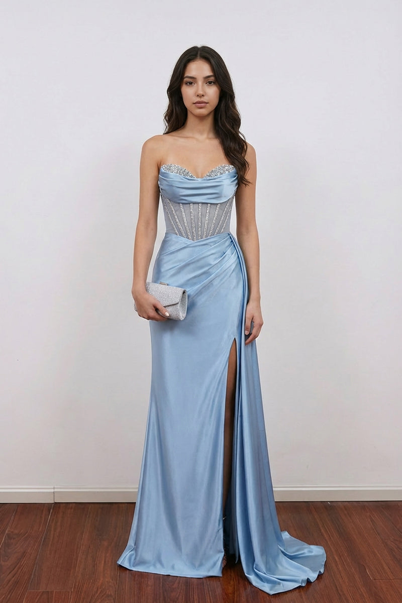 Mermaid Satin Strapless Sweetheart Blue Long Prom Dress With Slit-Pgmdress