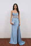 Mermaid Satin Strapless Sweetheart Blue Long Prom Dress With Slit-Pgmdress