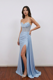 Mermaid Satin Strapless Sweetheart Blue Long Prom Dress With Slit-Pgmdress