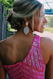Mermaid Sequin Hot Pink One Shoulder Prom Dress Evening Dress-Pgmdress