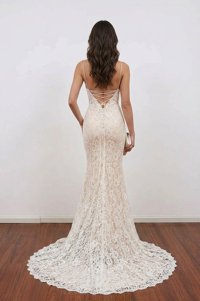 Mermaid Spaghetti Straps Backless Elegant Ivory Long Wedding Dress-Pgmdress
