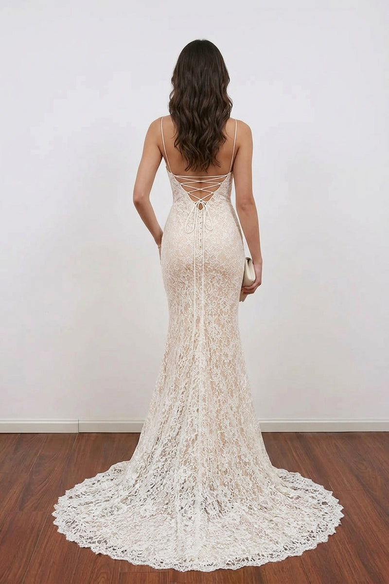 Mermaid Spaghetti Straps Backless Elegant Ivory Long Wedding Dress-Pgmdress