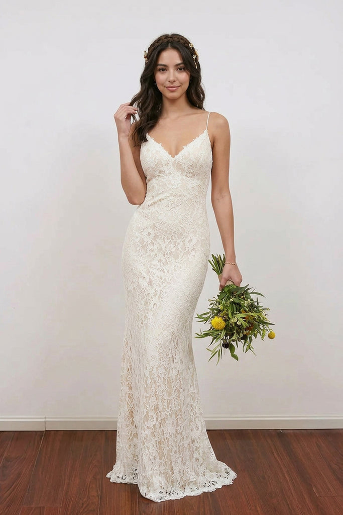 Mermaid Spaghetti Straps Backless Elegant Ivory Long Wedding Dress-Pgmdress