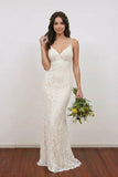 Mermaid Spaghetti Straps Backless Elegant Ivory Long Wedding Dress-Pgmdress