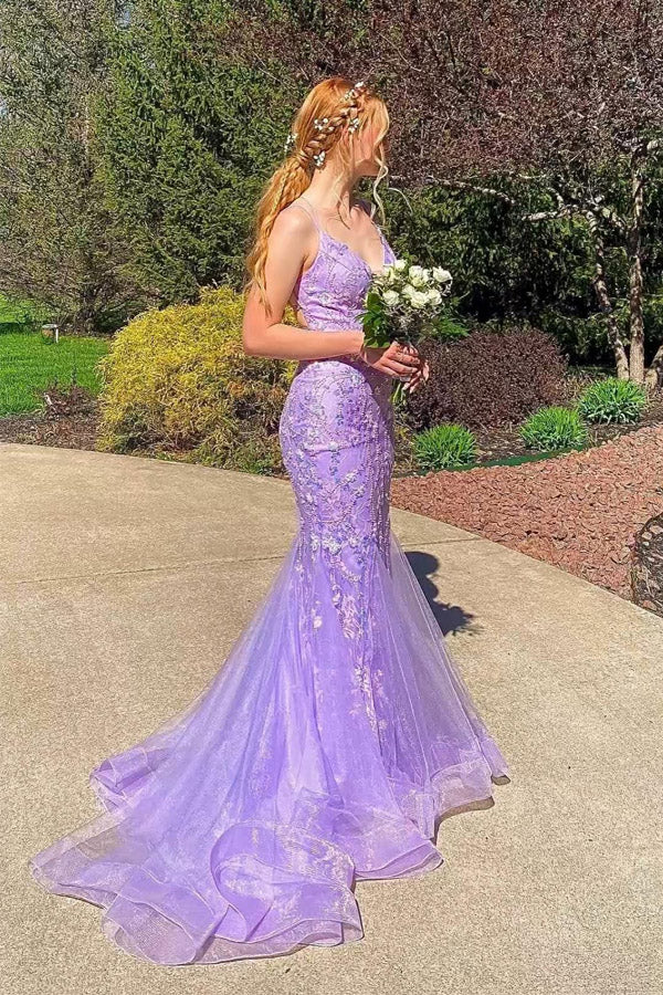 Mermaid Spaghetti Straps Lace Lavender Long Prom Dress PSK669-Pgmdress