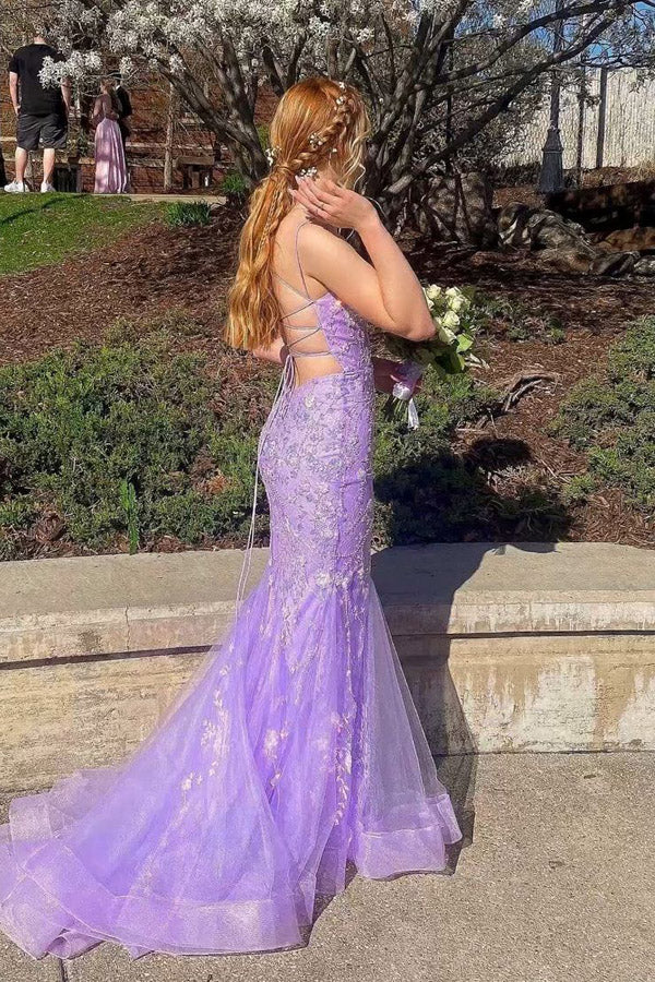 Mermaid Spaghetti Straps Lace Lavender Long Prom Dress PSK669-Pgmdress