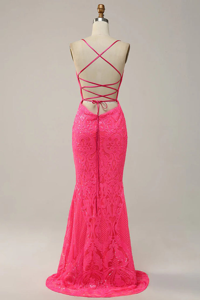 Mermaid Spaghetti Straps V Neck Lace Pink Prom Dress Formal Gown