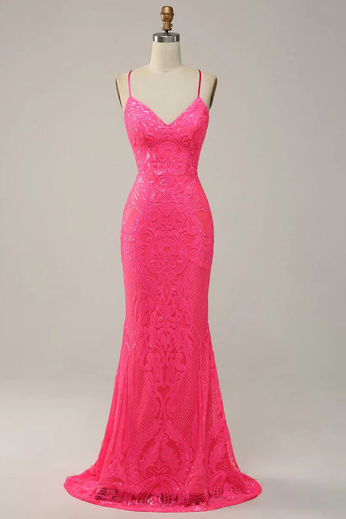 Mermaid Spaghetti Straps V Neck Lace Pink Prom Dress Formal Gown
