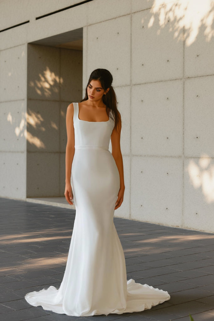 Mermaid Square Modest Wedding Dress Bridal Gown With Chapel Train-Pgmdress