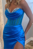 Mermaid Strapless Satin Royal Blue Prom Dress With Beading PSK632-Pgmdress