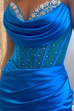 Mermaid Strapless Satin Royal Blue Prom Dress With Beading PSK632-Pgmdress
