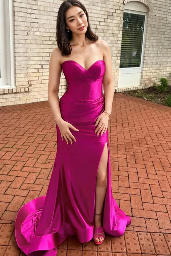Mermaid Strapless Sleeveless Fuchsia Prom Dress with Slit PSK623-Pgmdress