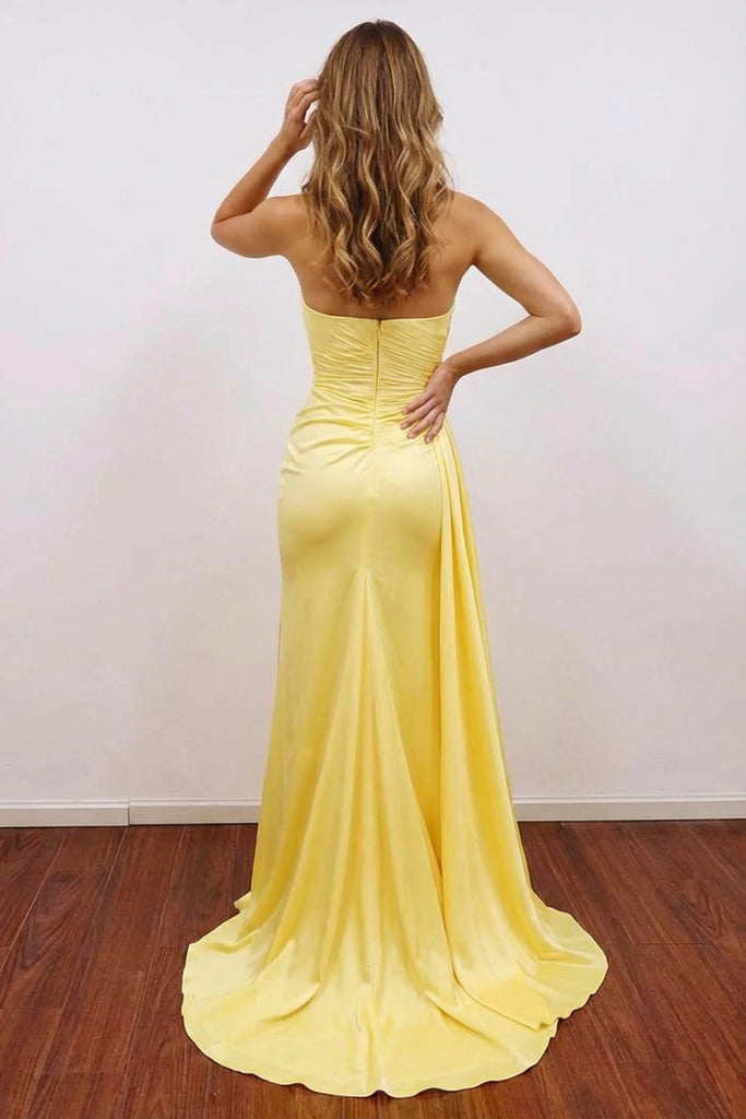 Mermaid Strapless Yellow Satin Long Prom Dress with Pleated Slit Skirt-Pgmdress