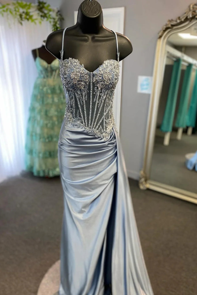 Meerjungfrau Träger Silber Korsett Langes Ballkleid Partykleid PSK655