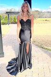 Meerjungfrau Sweetheart Satin Schwarzes langes Ballkleid mit Perlen PSK622