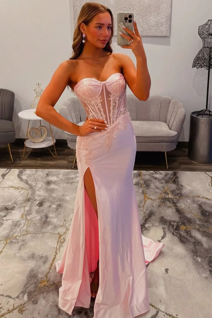 Mermaid Sweetheart Strapless Satin Lace Appliques Pink Prom Dress-Pgmdress